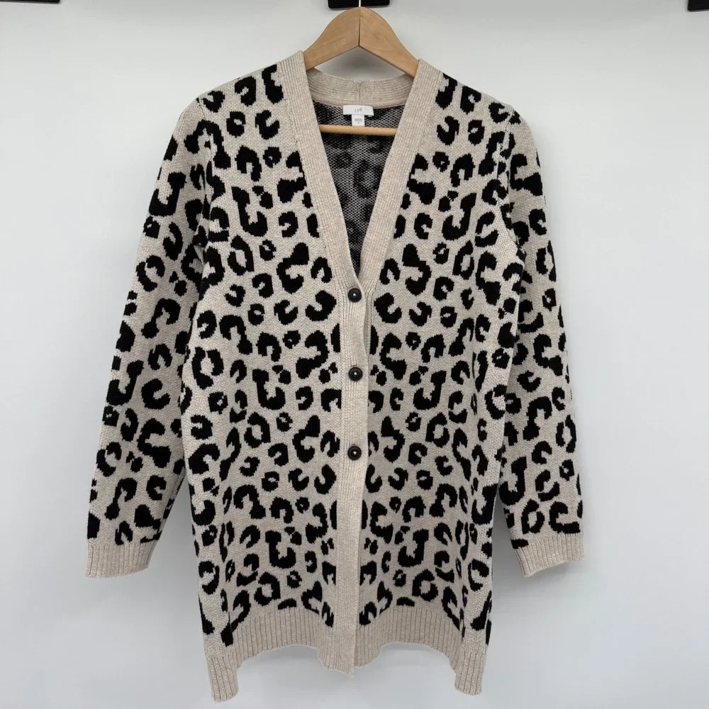 J. Jill Women's Cardigan Leopard Print Size Small Button Front Black Tan Casual